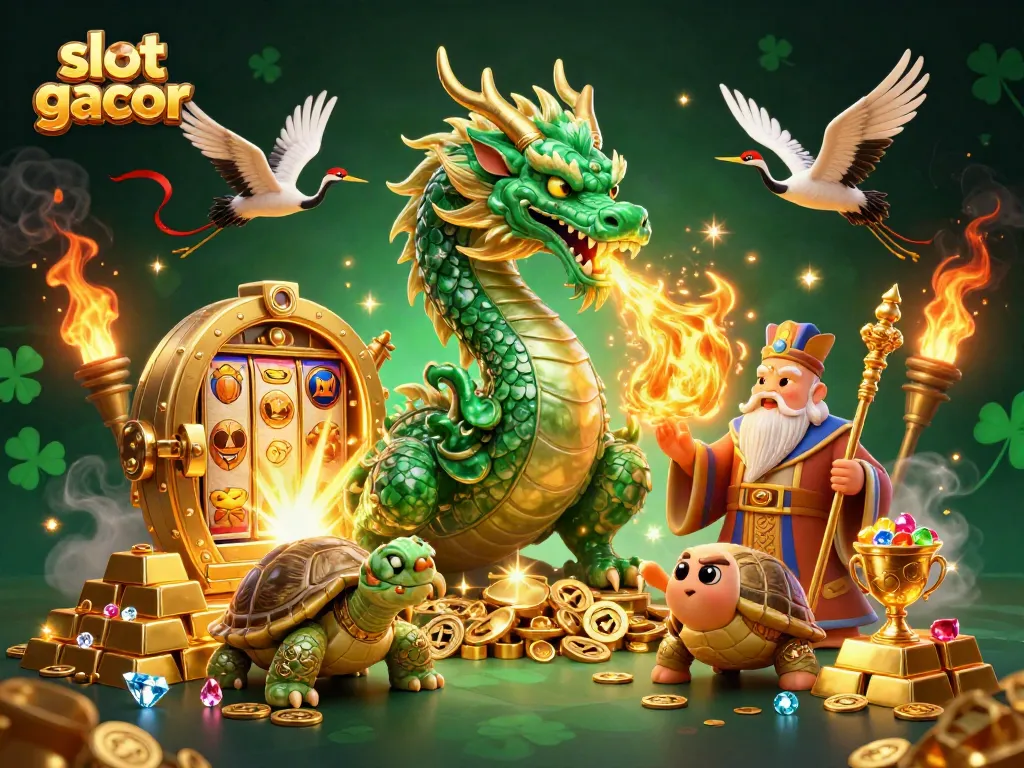 Experience the thrill of slot gacor with a stunning dragon and golden treasures in an exciting casino scene.