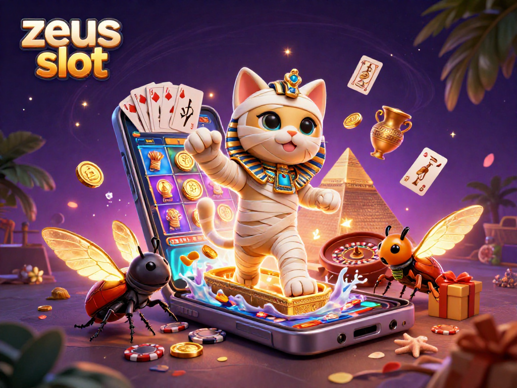 Experience zeus slot adventure with a dynamic 3D scene featuring a mummy cat amidst slot games.