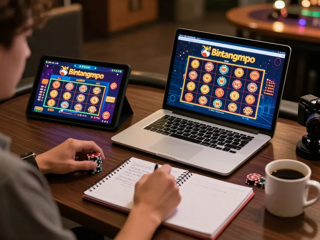 Pengguna Bintangmpo menikmati perjudian online sambil merencanakan strategi dalam pengaturan rumah yang nyaman, menampilkan antarmuka permainan.