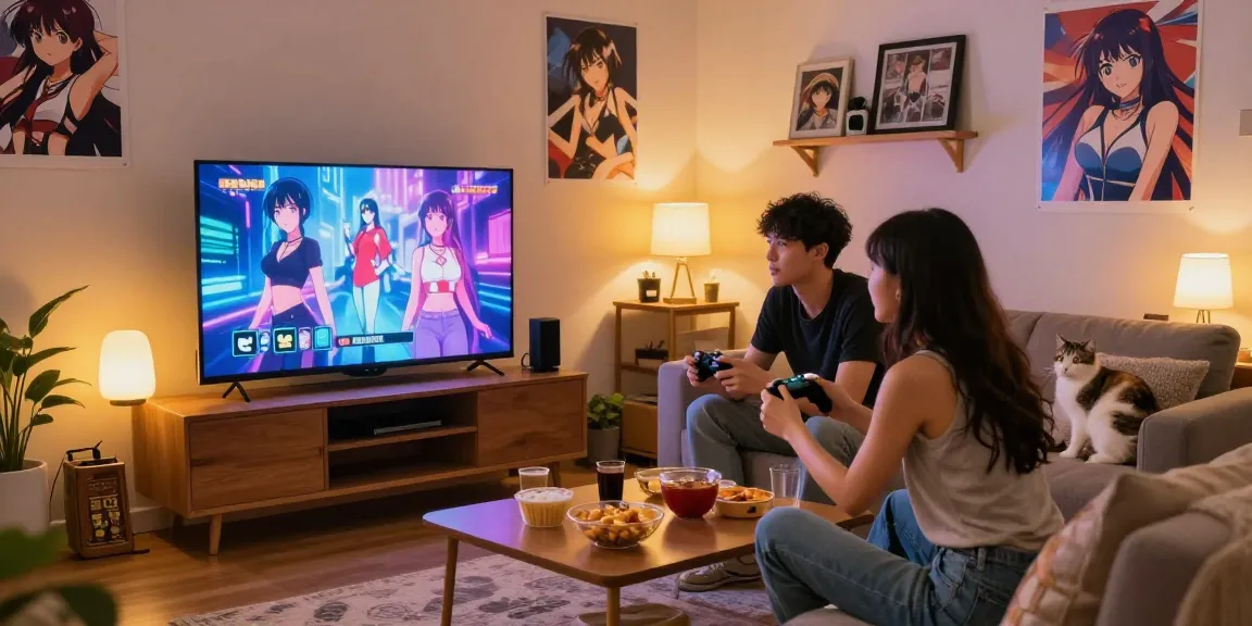 Couple enjoying hentai games together while gaming in a cozy living room