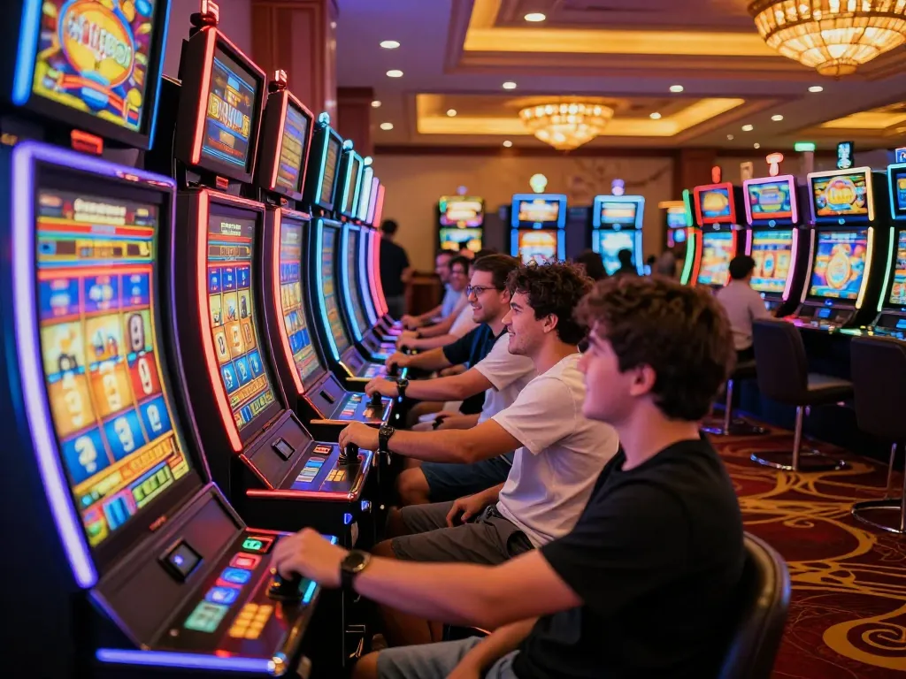 Experience the excitement of Rajabet123 winning at colorful slot machines on a lively casino floor