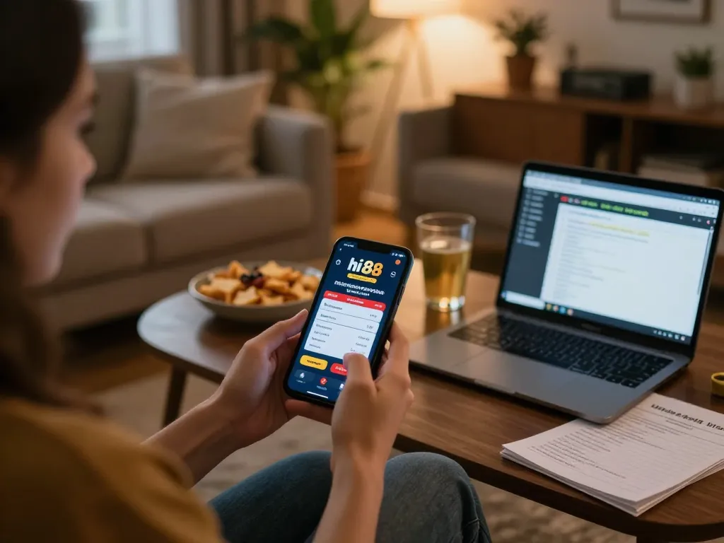 Engaging scene of a player exploring hi 88 casino app on smartphone in a cozy home setting