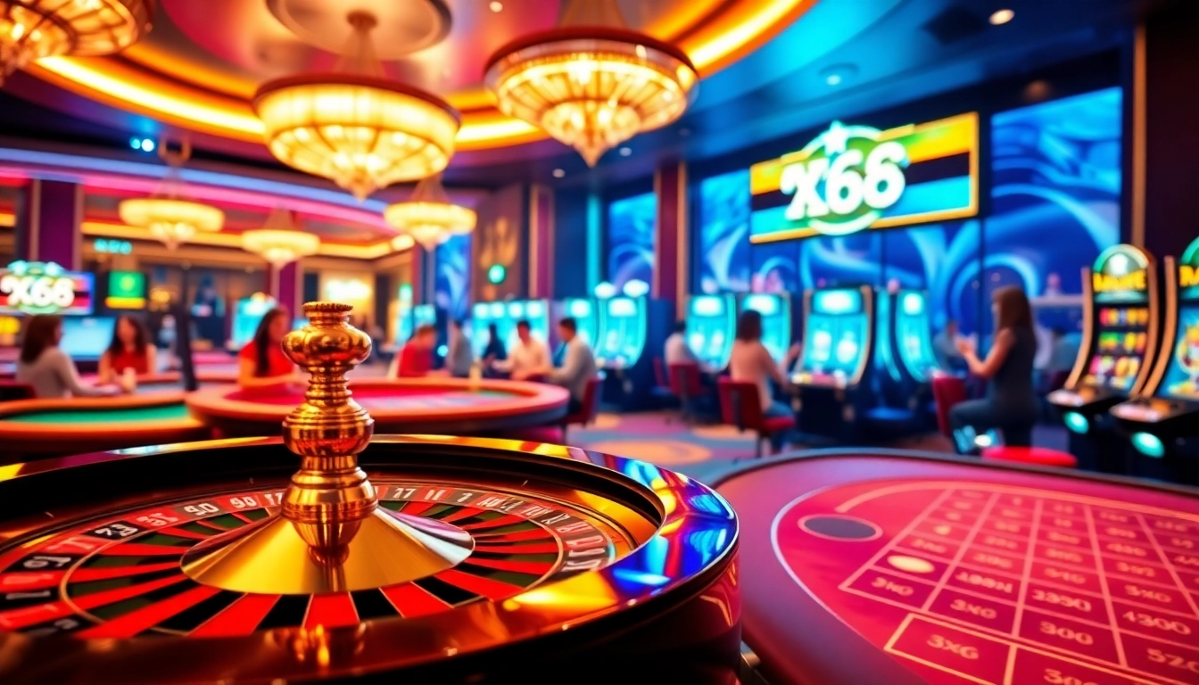 Experience the thrill of casino gaming at XX88 with poker tables and vibrant slot machines.