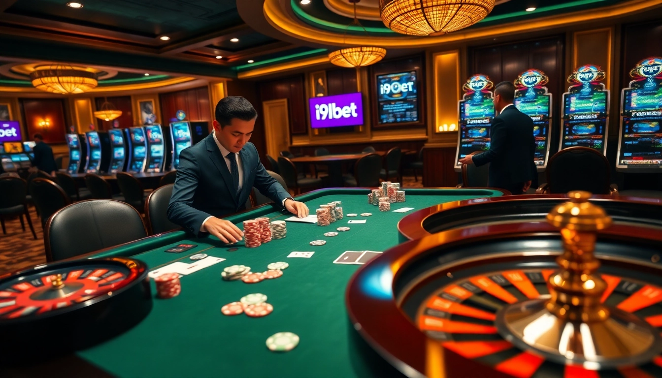 Players enjoying a high-stakes game at i9bet's luxurious casino, featuring poker tables and slot machines.