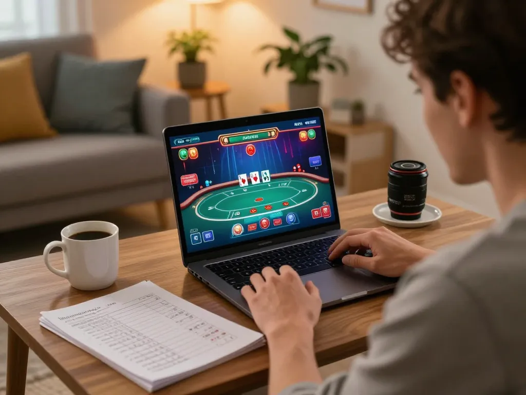 Kuwin player strategizing online poker in a cozy living room setting during a game.