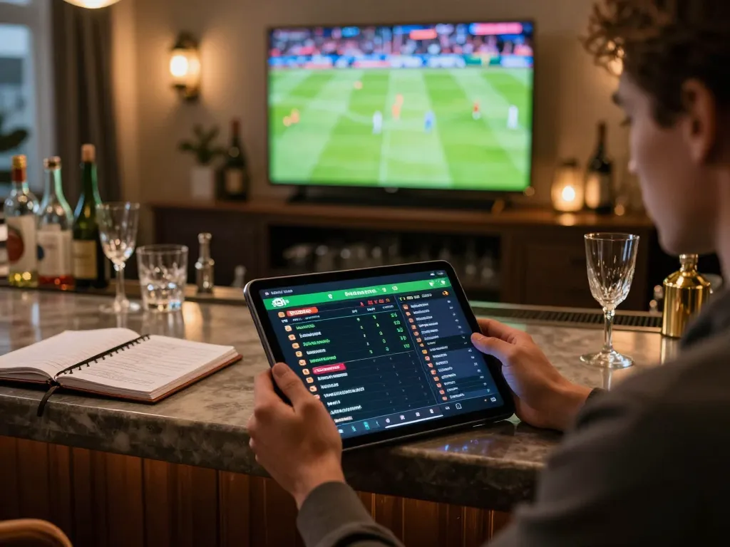 MM88 sports betting setup showcasing excitement with tablet and live game analysis.