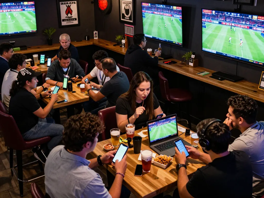 Cacuocbongda sports fans engaging enthusiastically in live betting during matches at a vibrant sports bar.