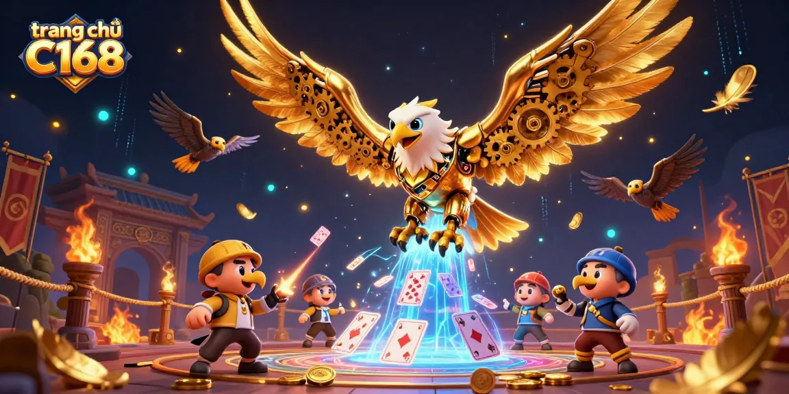 Cascade of holographic cards under a golden eagle representing trang chủ C168's vibrant gaming atmosphere.