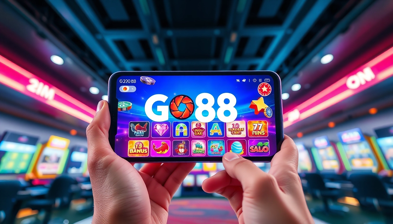Tải GO88 interface on a smartphone, showing vibrant games and exciting features