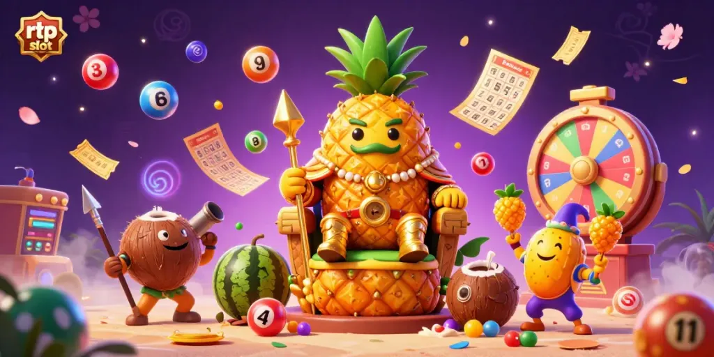 Experience the excitement of rtp slot with a vibrant illustration showcasing a pineapple king in a lively casino.
