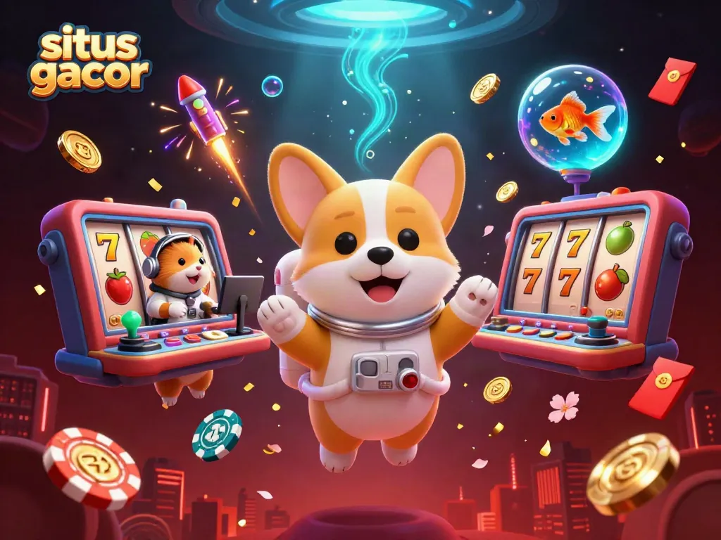 Permainan situs gacor dengan ilustrasi karakter 3D di kasino luar angkasa dan poker chips mengalir.