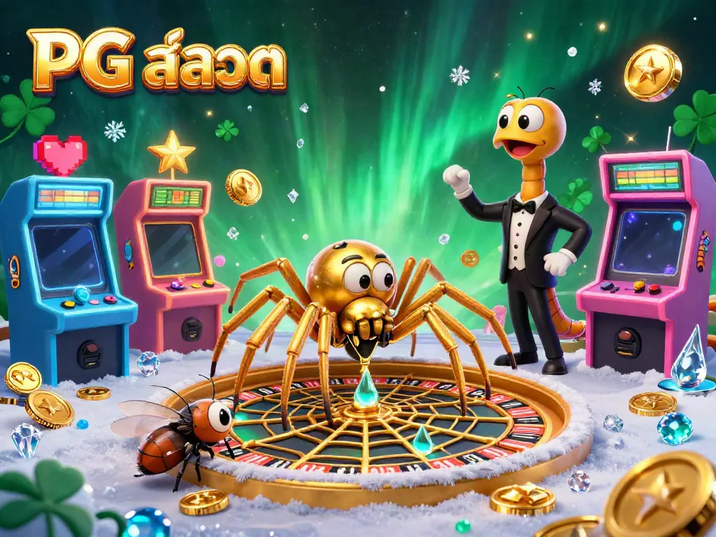Experience PG สล็อต action with a golden spider spinning a roulette web while a fly nervously bets, set in a vibrant gaming scene.