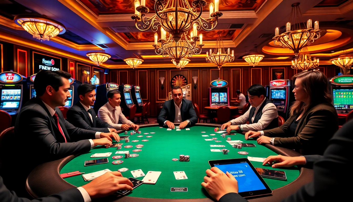 Players enjoy an exciting poker game at a luxurious casino table at https://fnew88.com/ with vibrant atmosphere and chips.