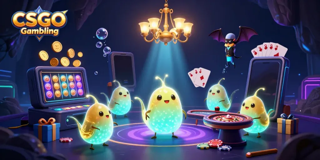 Exciting CSGO Gambling scene with animated glowworms in a cave casino, vibrant game elements, and rich details.