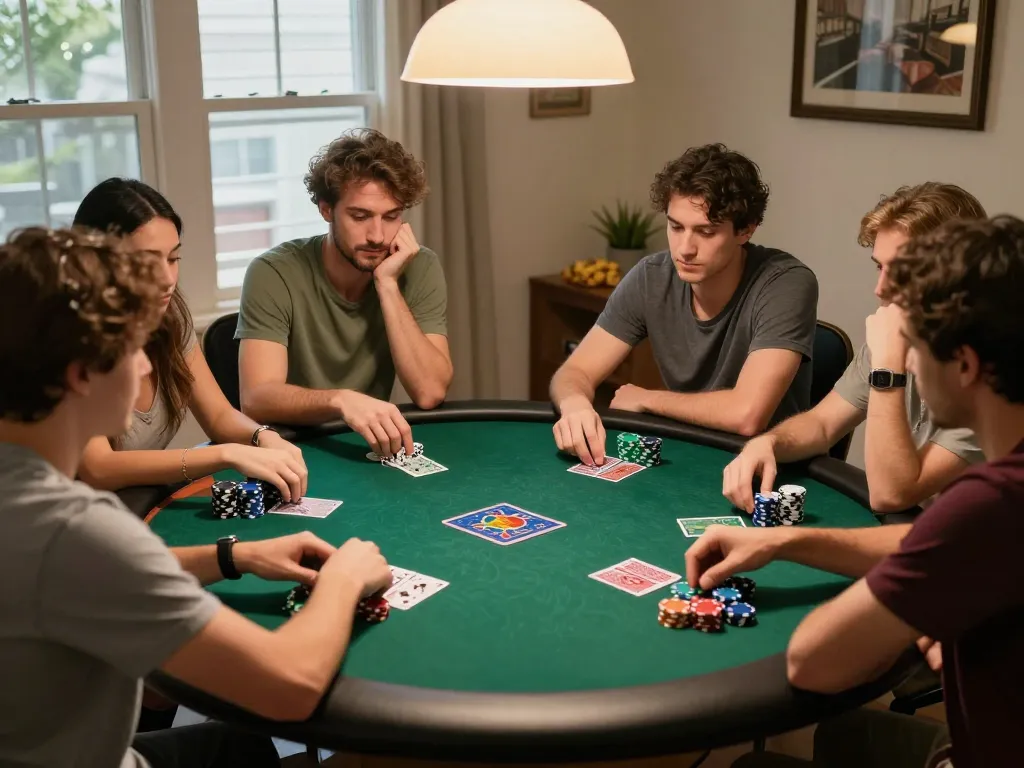 Players enjoying a friendly poker game at home, strategizing bets and celebrating wins with lu88. com action.