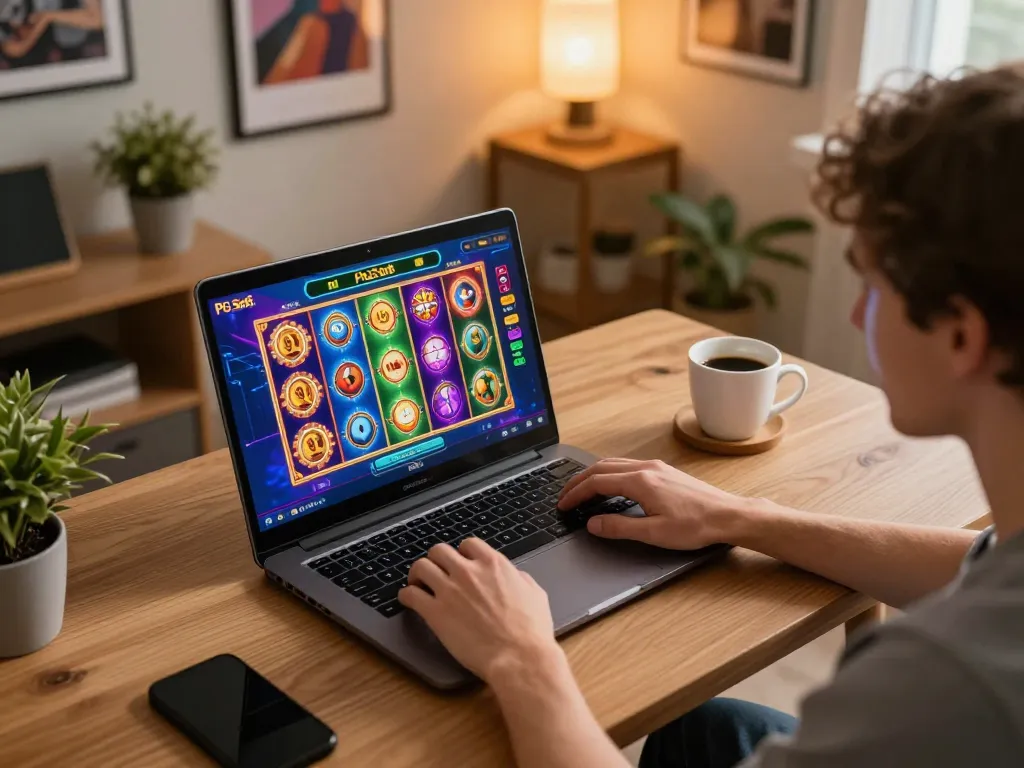 Pengalaman gaming online yang menarik menampilkan PG Soft Demo Gratis dengan seorang pemain menikmati visual slot game yang penuh warna.