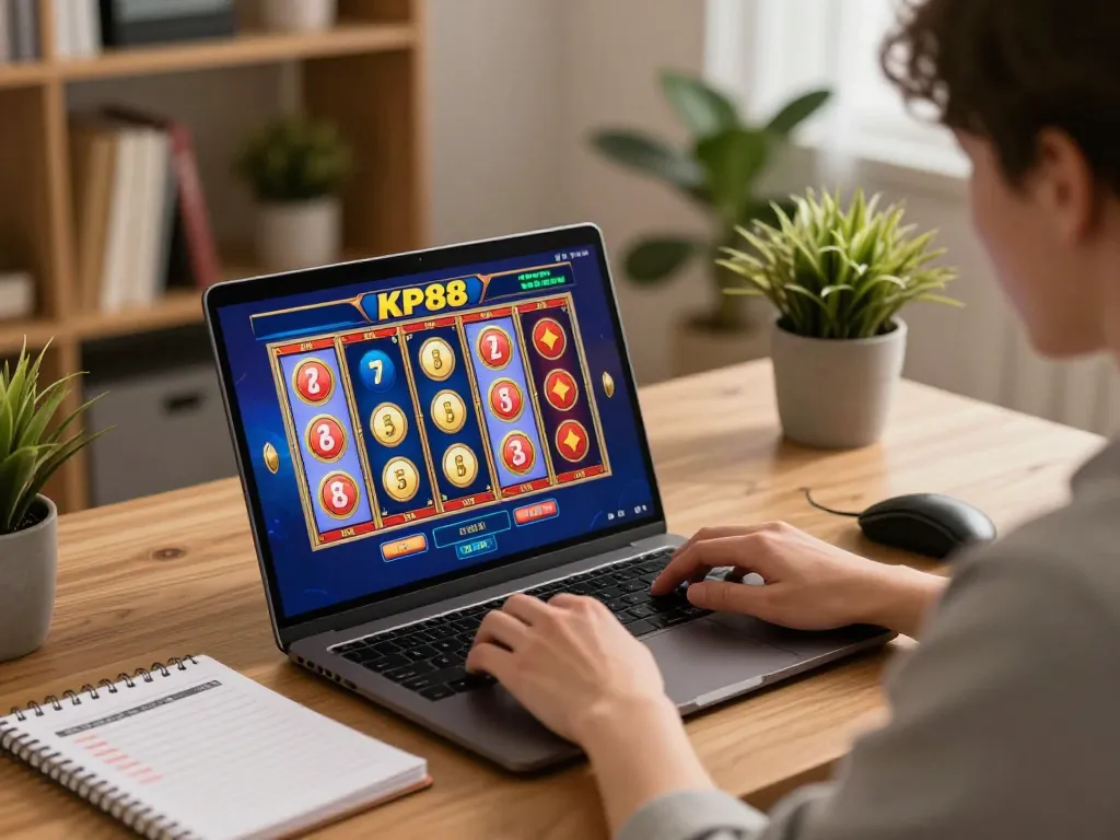 Engaged player enjoying slot games on KP88, showcasing a cozy home gaming atmosphere.