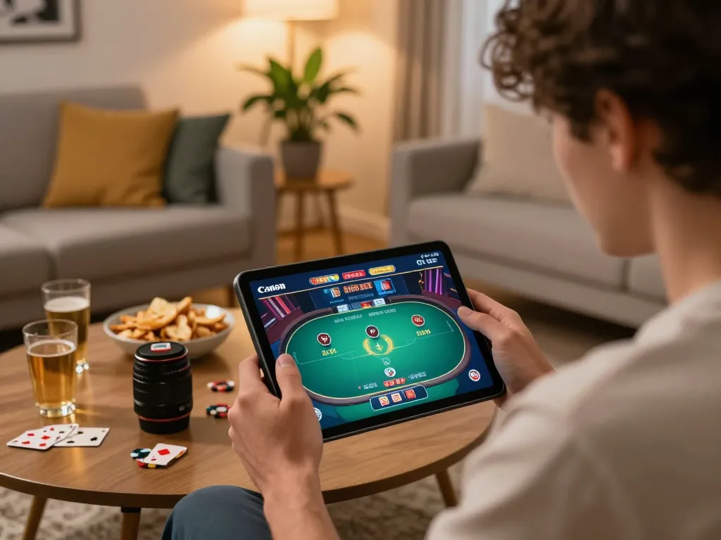 Person engaged in online poker game on tablet, highlighting strategic gameplay related to SC 88