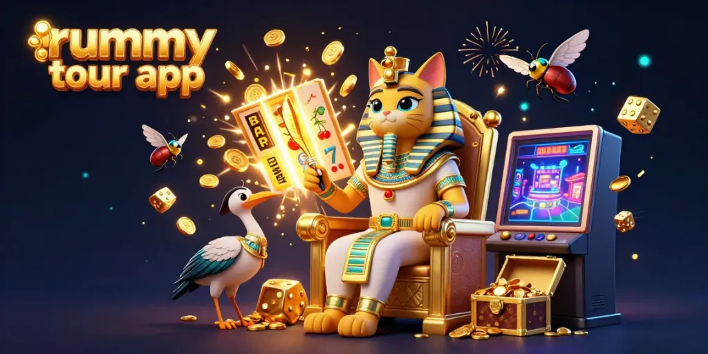 Gambarkan aplikasi rummy tour app dengan karakter kucing mesir dan elemen slot menarik dalam desain 3D yang mendetail.