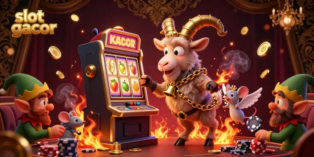Visualisasi slot gacor dengan karakter Krampus yang mengelola mesin slot dan elf yang mencuri chip.