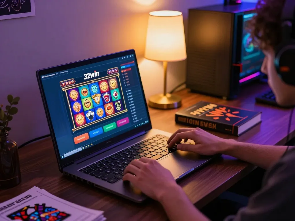 Engaging with 32win's online gaming platform at home, displaying colorful slot graphics.
