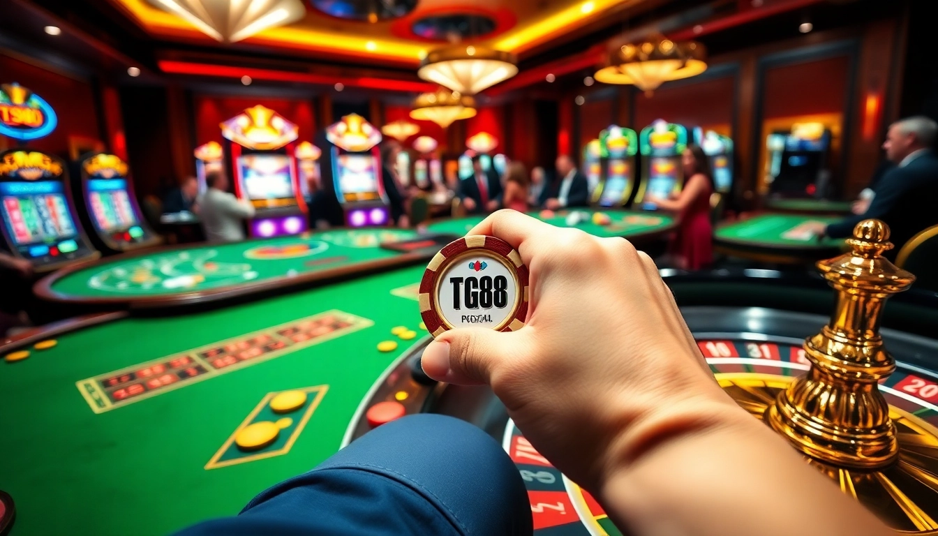 Engaging gamblers with the TG88 poker chip at a luxurious casino roulette table.