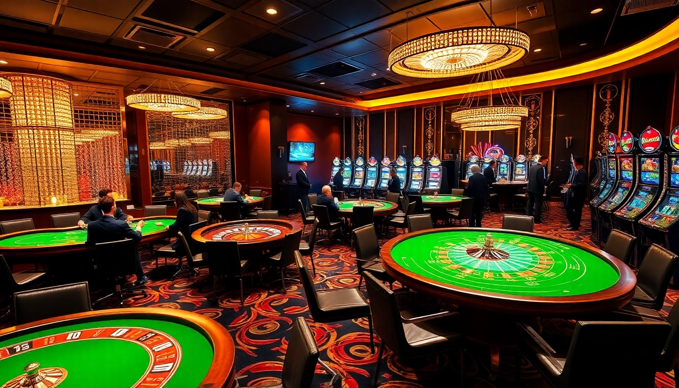 Excited players at HAY.WIN casino strategizing their poker moves amidst vibrant gaming tables.