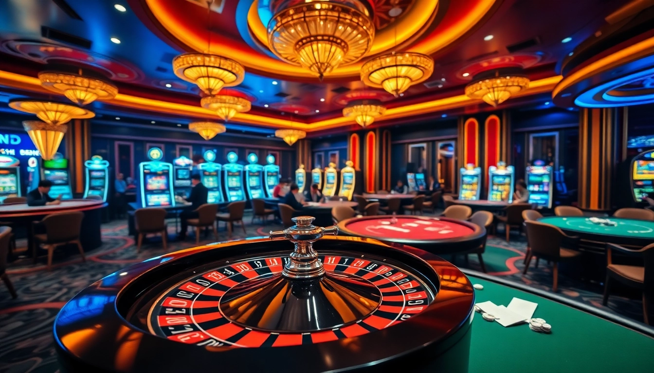 Engaged players enjoying TRANG CHỦ BEM88 in a luxurious casino setting with roulette and poker.