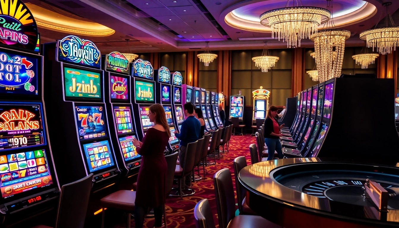 Spin colorful slot online machines surrounded by excited players in a luxurious casino setting