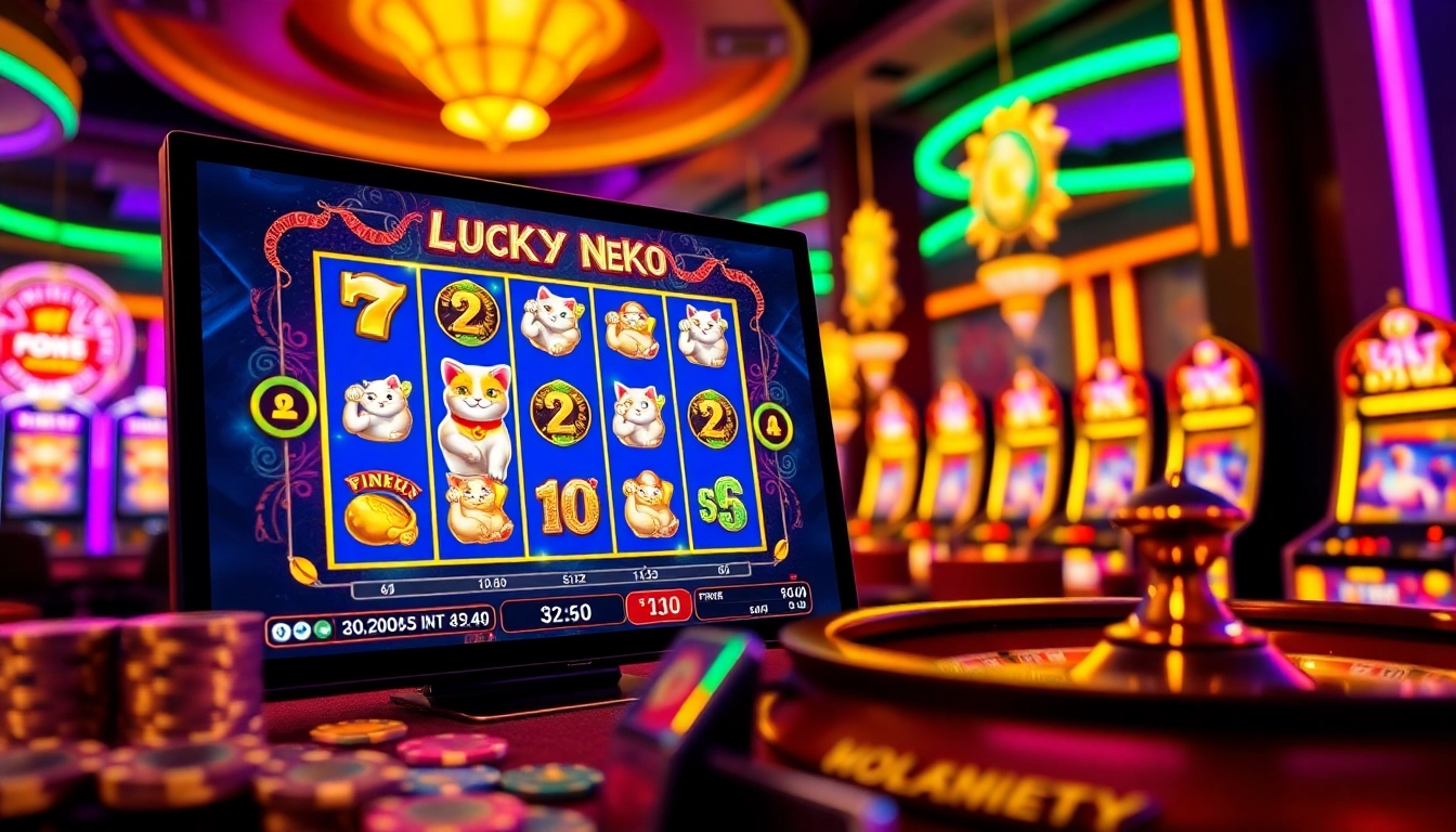 Spin the reels in the slot demo Lucky Neko, featuring vibrant graphics and cat symbols for exciting gameplay.
