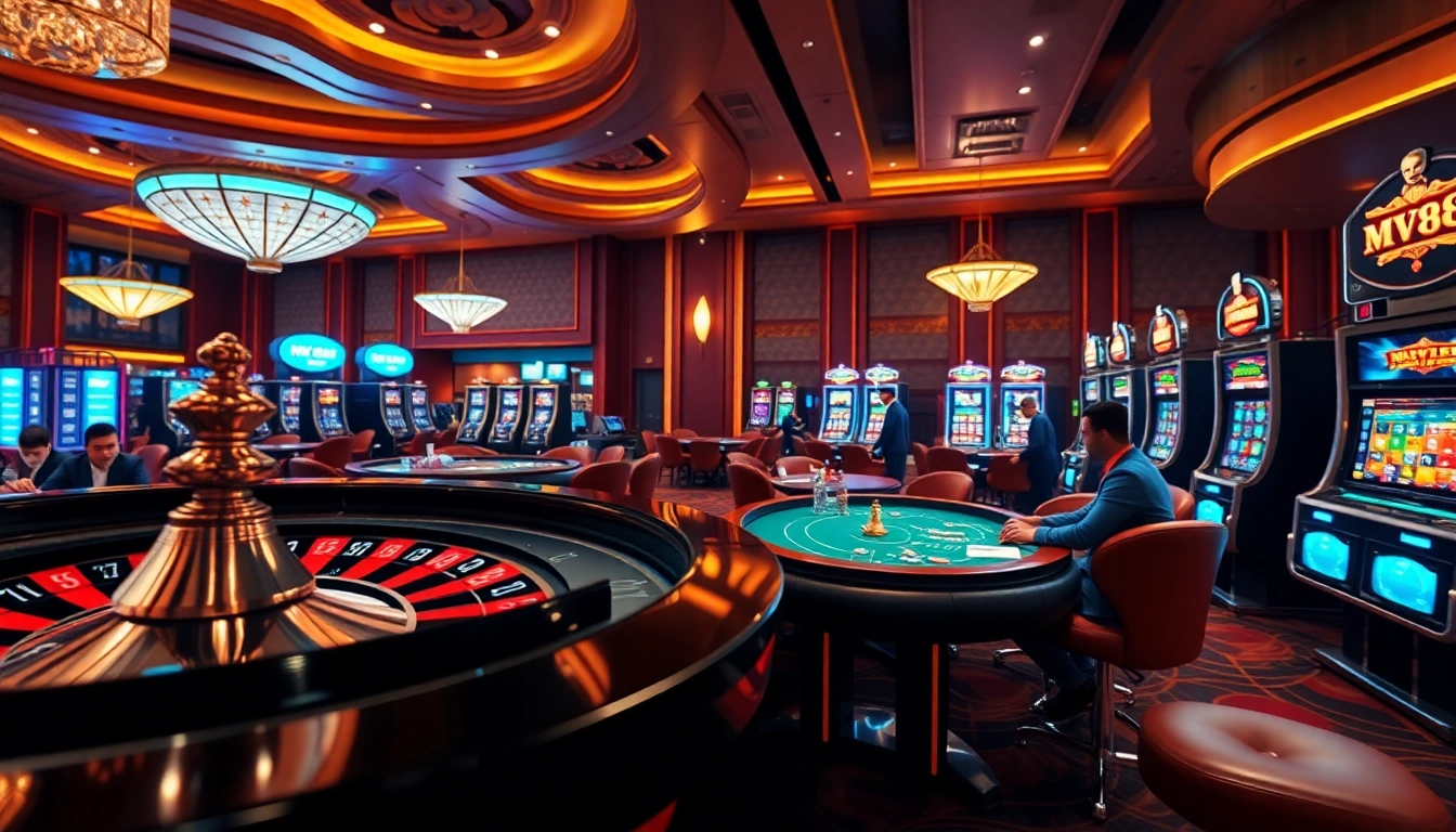 Experience thrilling gameplay at mv88 casino with vibrant roulette and poker tables.