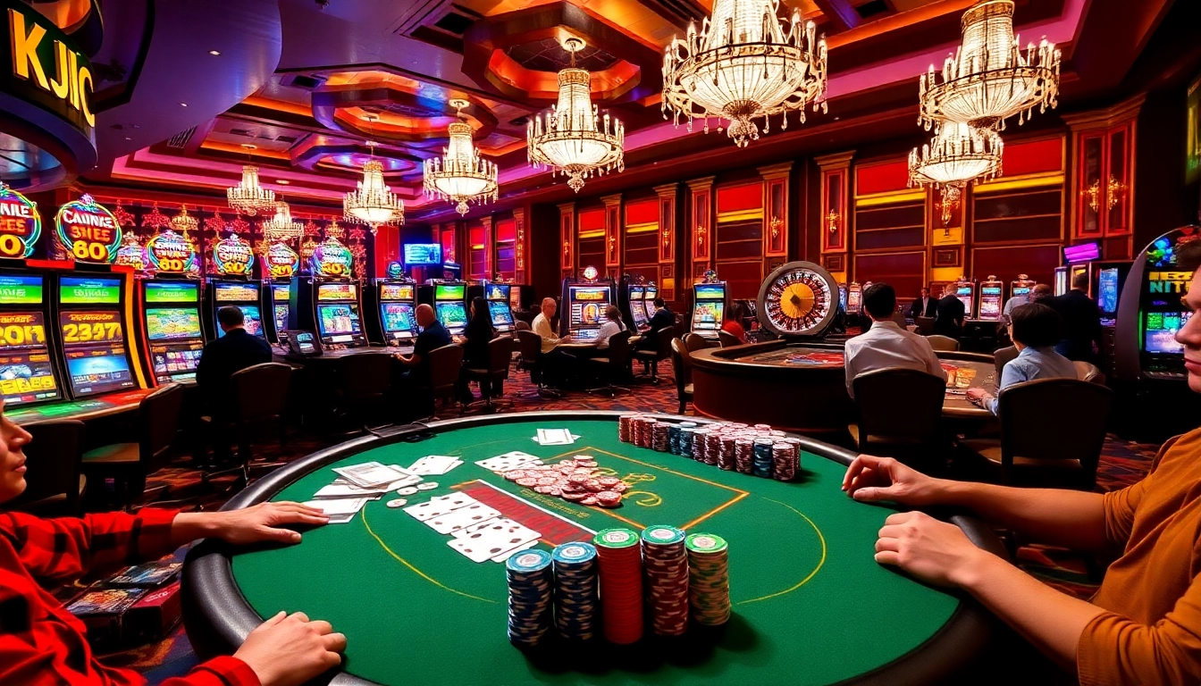 Engaging players at a KJC website-themed casino gaming table, surrounded by vibrant slot machines.