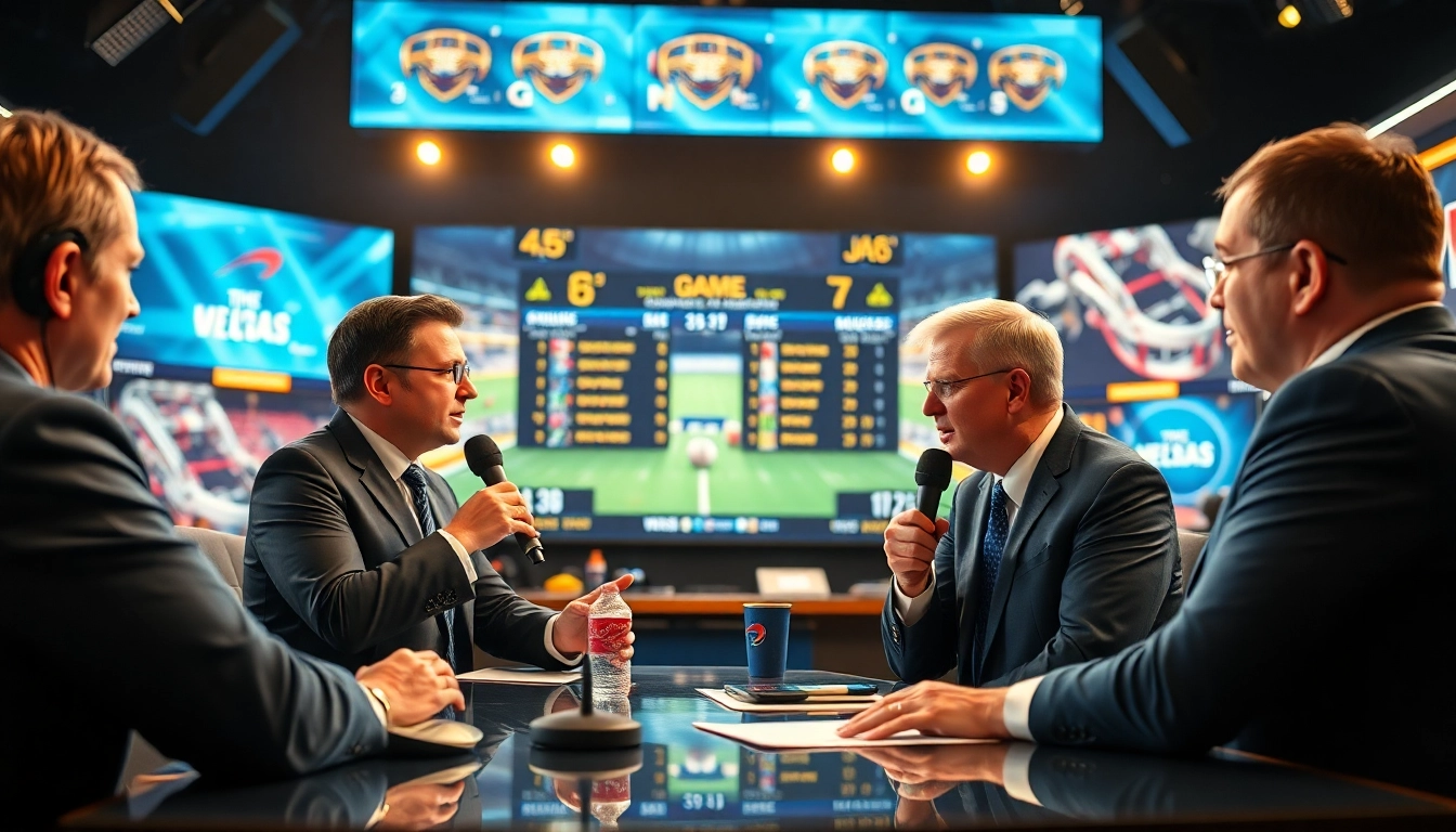 Sports Broadcasting scene with commentators discussing a game in a modern studio environment.