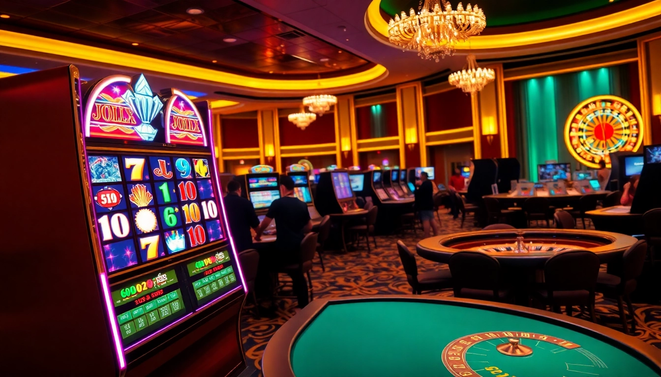 Excited players engaging with diverse slot machines in a luxurious casino setting.