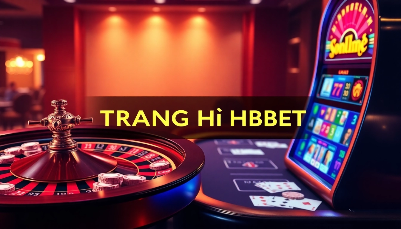 Experience TRANG CHỦ HBBET with vibrant casino visuals, showcasing roulette, poker, and slot players.