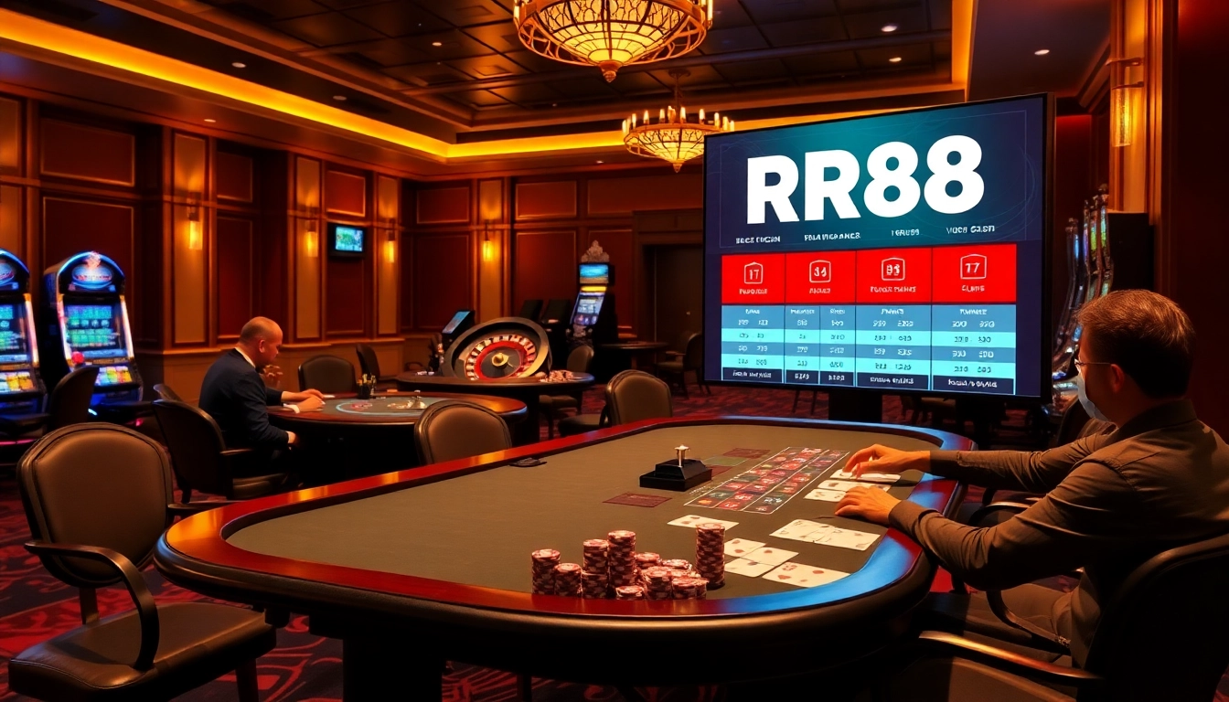 Engaging casino scene with players at Nhà cái RR88 poker tables and vibrant gaming atmosphere.