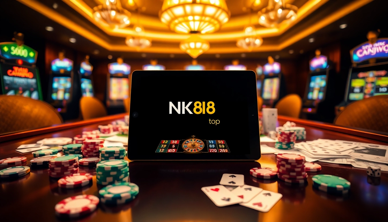 Engaging NK88 top online betting session displaying strategic poker chips and roulette wheel action