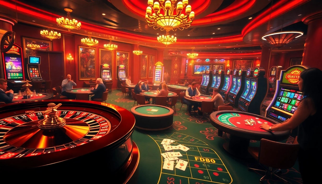 Experience the excitement of FB88 at an elegant casino featuring vibrant poker tables and roulette.