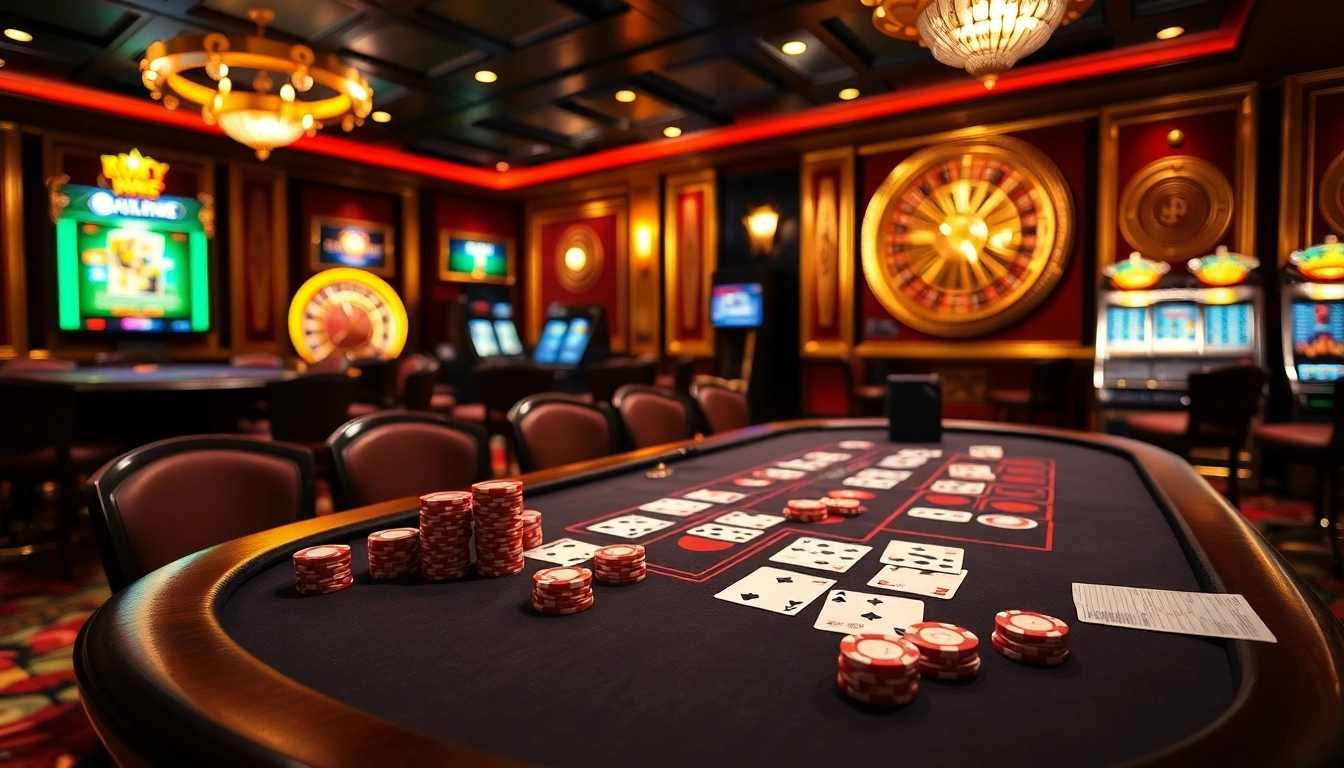 Experience thrilling gameplay at home bdjl with a luxurious casino scene featuring poker and roulette.
