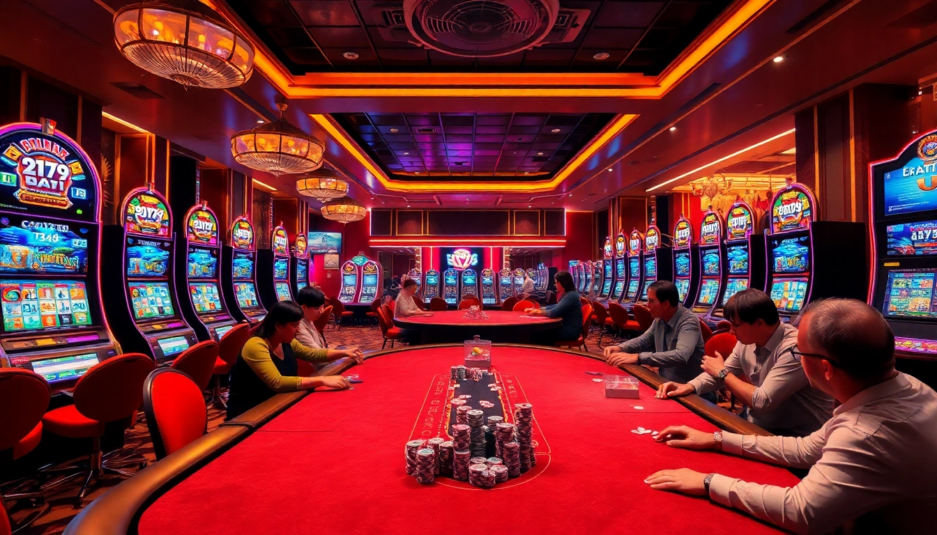 Experience the thrill of gambling at nohudoithuong with gamblers at tables and lively slot machines.