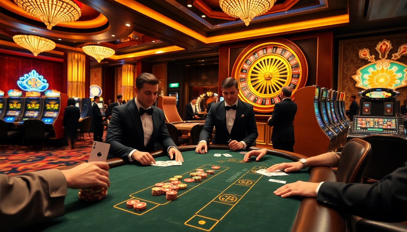 Players enjoying vibrant casino action at s8com with blackjack tables and slot machines.