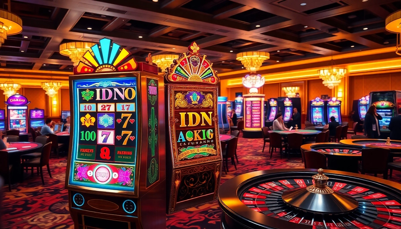 Engage with thrilling IDN slot machines in a vibrant casino setting, showcasing excitement and luxury.