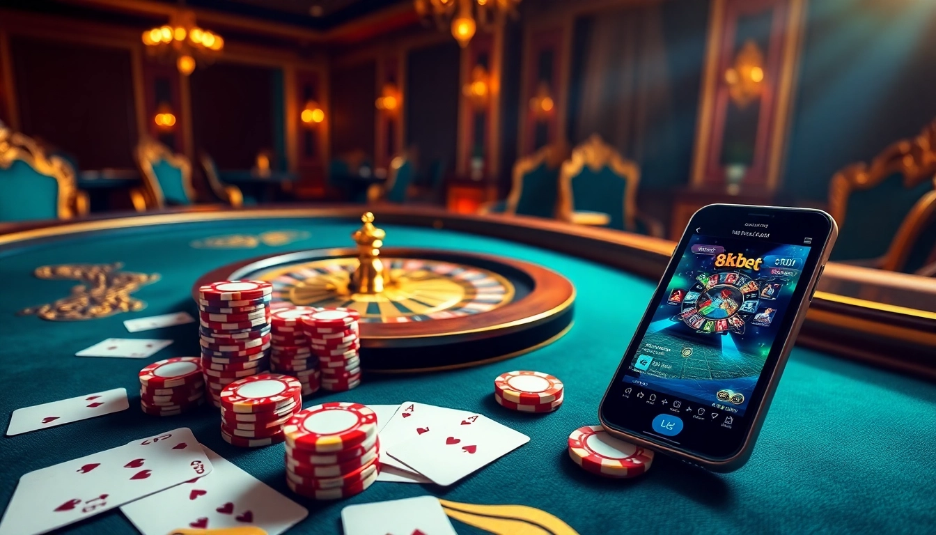 8kbet's luxurious online casino experience featuring poker chips, cards, and roulette wheel