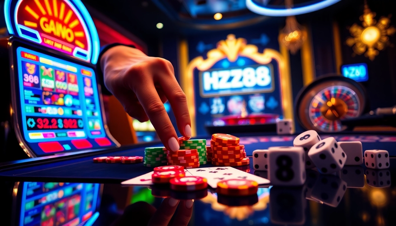 Strategic player placing colorful chips on hz88 game digital poker table for winning bets