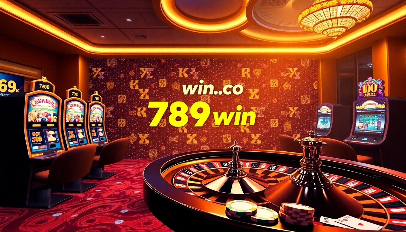 A thrilling gaming scene at 789win com featuring slot machines and a roulette wheel.
