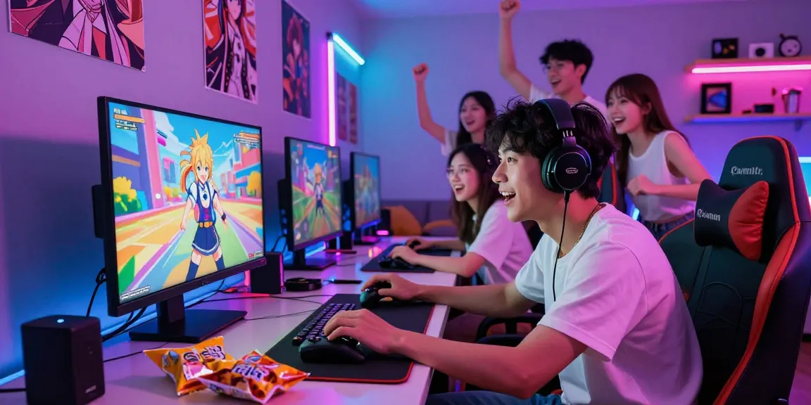 Exciting gaming lounge where friends enjoy a gay hentai game together.